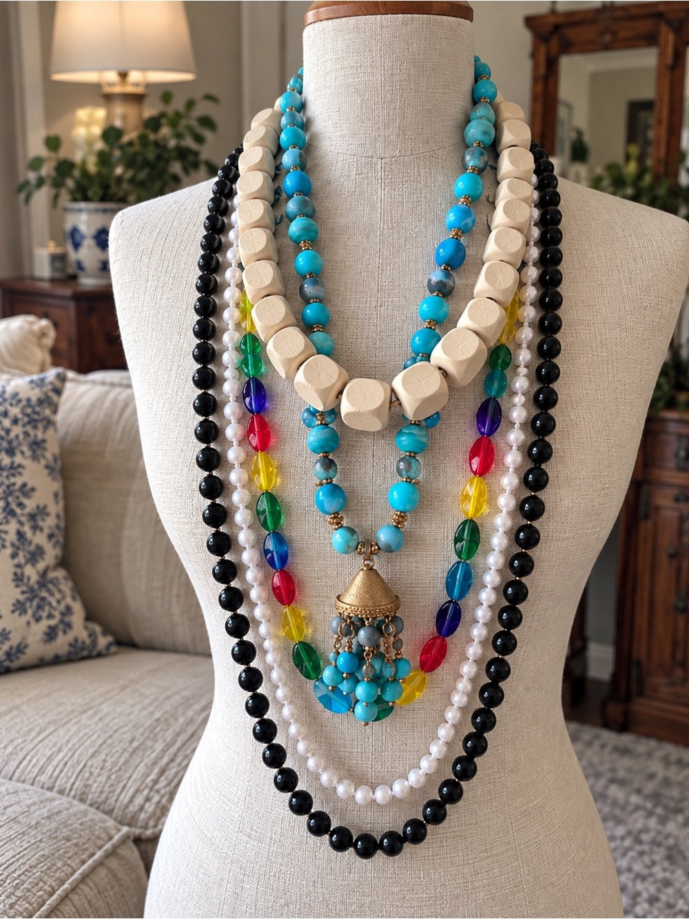 5pc Beaded Necklace Lot Colorful Statement Costume Jewelry Bundle